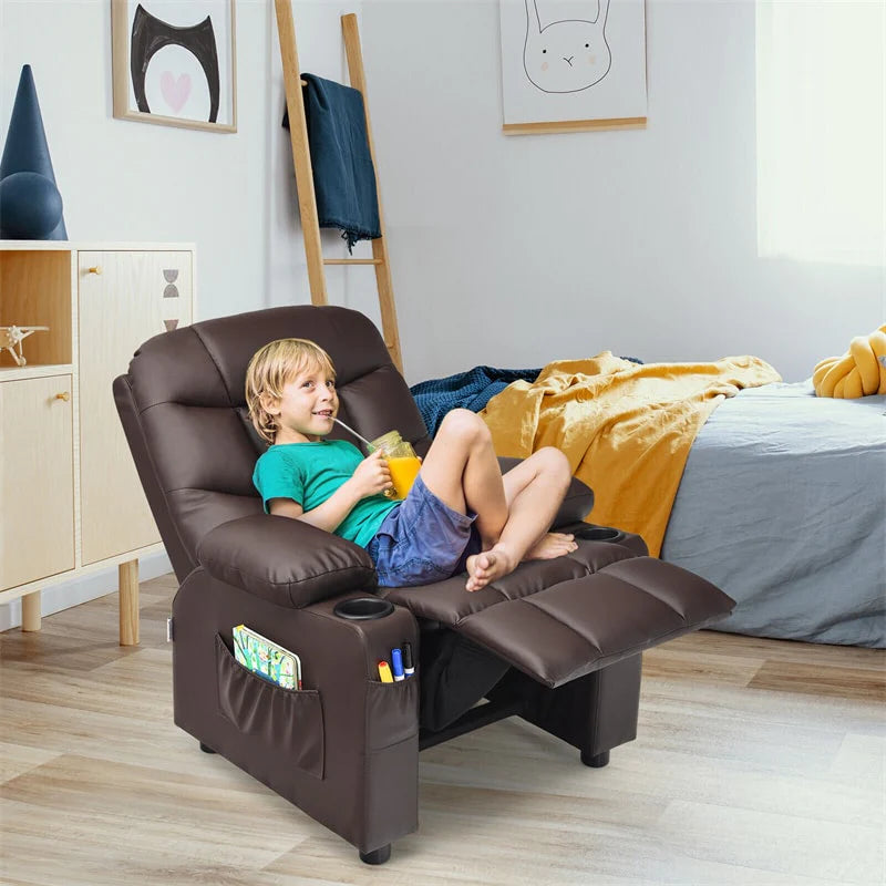 Kids Recliner Chair Adjustable Velvet Lounge Sofa with Cup Holders. 3 Pockets. Retractable Footrest. Toddler Furniture Sofa for Boys Girls Room