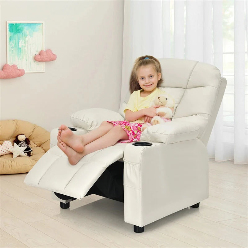 Kids Recliner Chair PU Leather Adjustable Lounge Sofa with Cup Holder. 3 Pockets & Retractable Footrest. Ergonomic Toddler Furniture Sofa