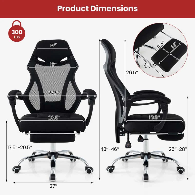 Mesh Office Chair Ergonomic Desk Chair with Footrest and Tilting Backrest. High Back Recliner Swivel Task Chair for Home Office