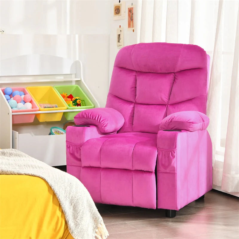 Kids Recliner Chair Adjustable Velvet Lounge Sofa with Cup Holders. 3 Pockets. Retractable Footrest. Toddler Furniture Sofa for Boys Girls Room