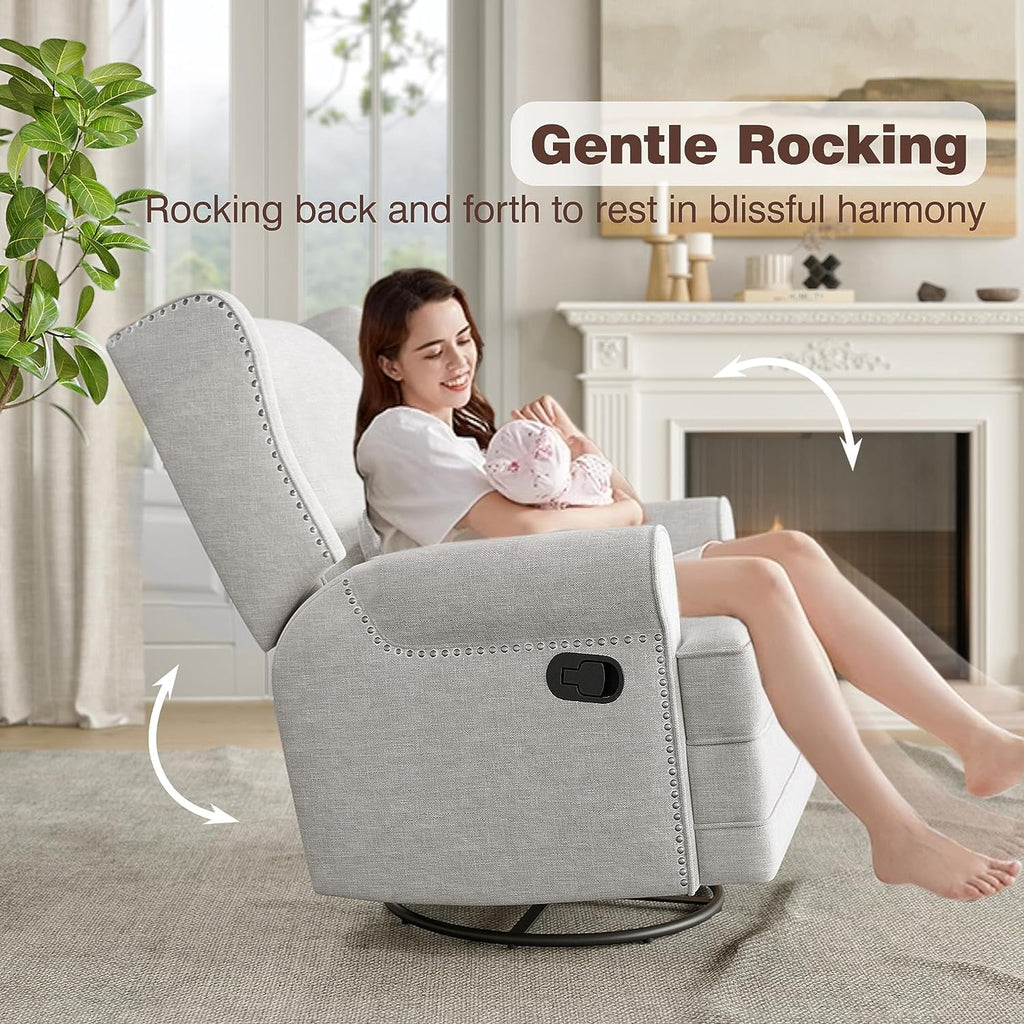 Royalcraft Swivel Nursery Glider Recliner. Comfy Upholstered Glider Chair with Lumbar Pillow and Footrest. Beige