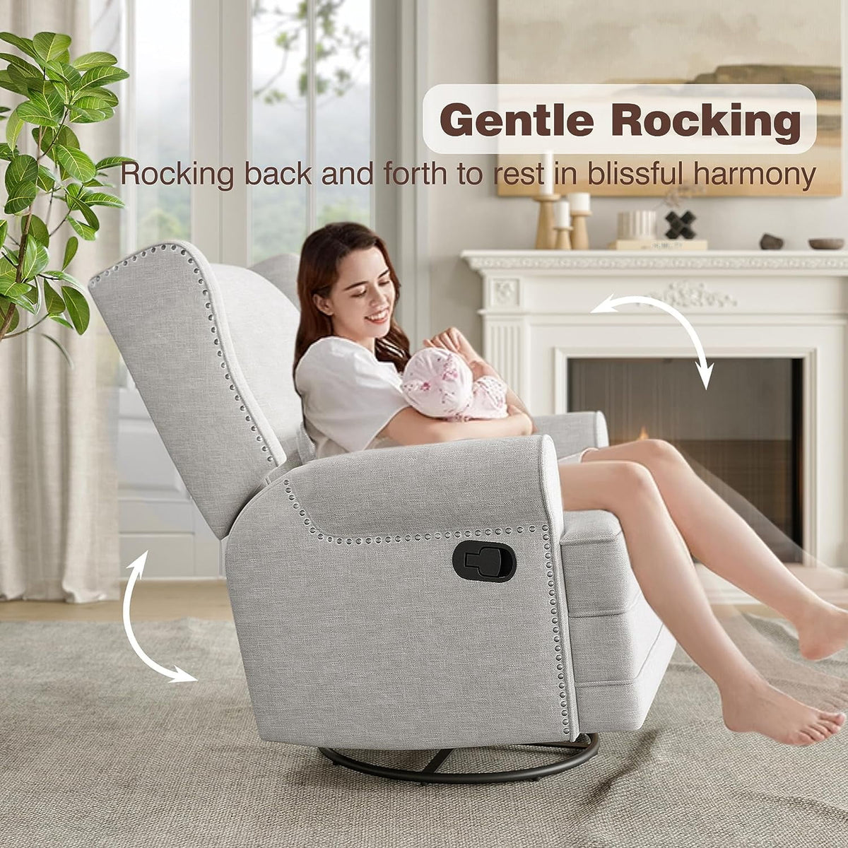 Royalcraft Swivel Nursery Glider Recliner. Comfy Upholstered Glider Chair with Lumbar Pillow and Footrest. Beige