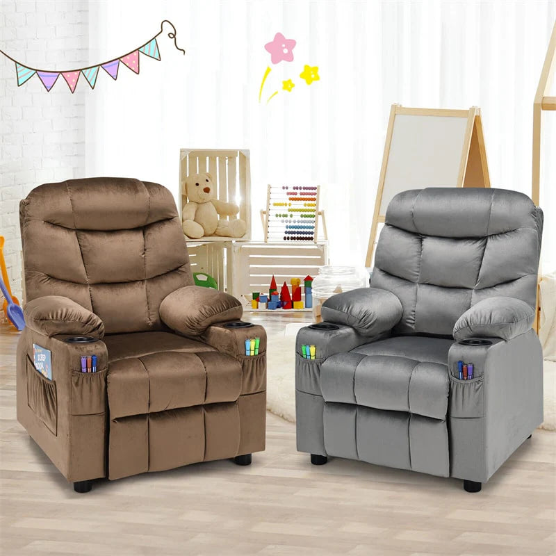 Kids Recliner Chair Adjustable Velvet Lounge Sofa with Cup Holders. 3 Pockets. Retractable Footrest. Toddler Furniture Sofa for Boys Girls Room