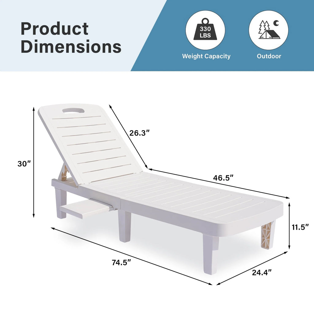 Patio Lounge Chair Set of 2. Adjustable Chaise with Side Table. Outdoor Lounger Recliner for Poolside. Patio. Backyard. Wood Texture Design | Waterproof | Easy to Assemble | Max Weight 330 lb White