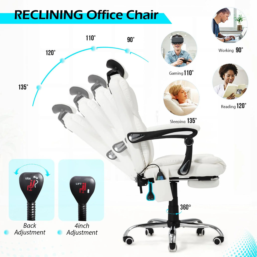 AECOJOY Office Chair with 7 Points Vibration Massage&Heat. Adjustable Ergonomic Recliner. Cream White