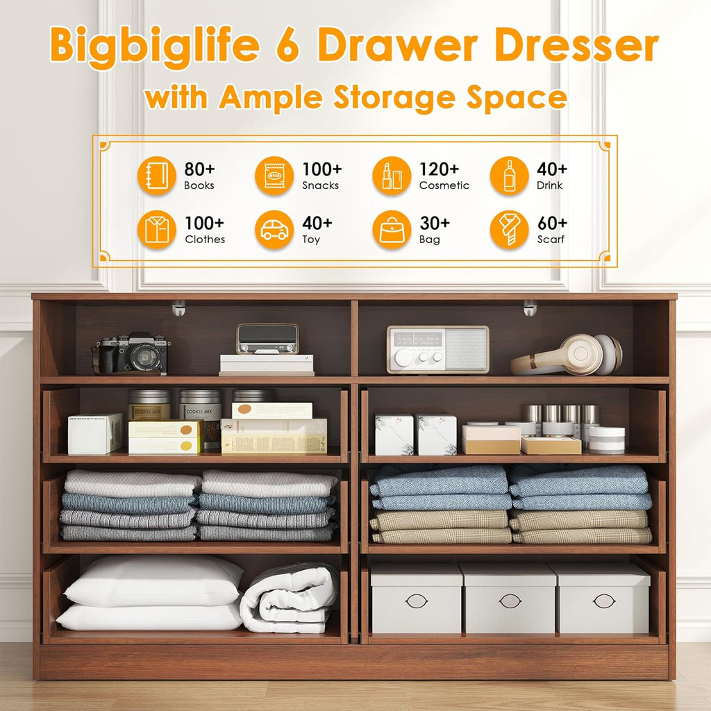 Bigbiglife Wood Dresser for Bedroom. 6 Drawer Double Dresser. Modern Chest of Drawers with Deep Drawers. Large Storage Organizer for Living Room. Closet