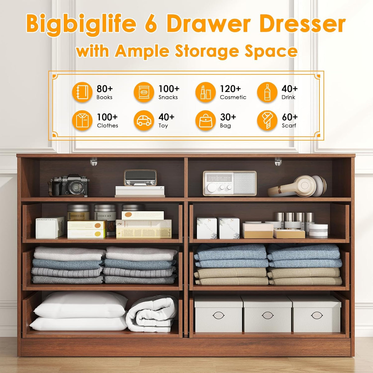 Bigbiglife Wood Dresser for Bedroom. 6 Drawer Double Dresser. Modern Chest of Drawers with Deep Drawers. Large Storage Organizer for Living Room. Closet