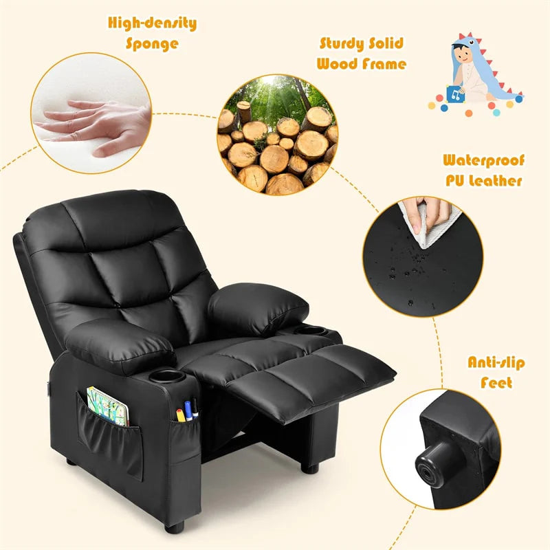 Kids Recliner Chair PU Leather Adjustable Lounge Sofa with Cup Holder. 3 Pockets & Retractable Footrest. Ergonomic Toddler Furniture Sofa