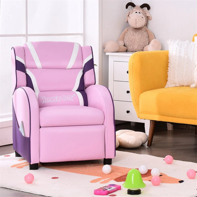 Kids Recliner Chair. Adjustable PU Leather Gaming Sofa with Footrest. Lumbar Support & Side Pockets. Ergonomic Children Lounge Armchair