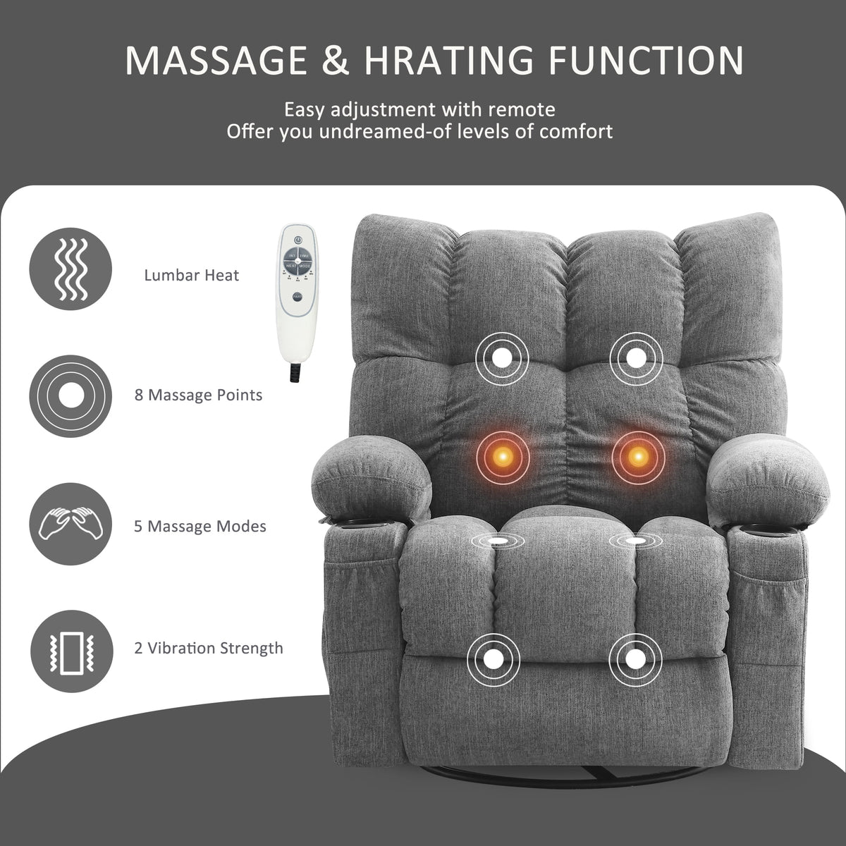 JONPONY Manual Recliner Chair with Heat Therapy and Massage Function. Heavy Duty Reclining Mechanism Massage Chair. Elderly Single Rocker Sofa with Cup Holders for Bedroom Home Theater. Grey