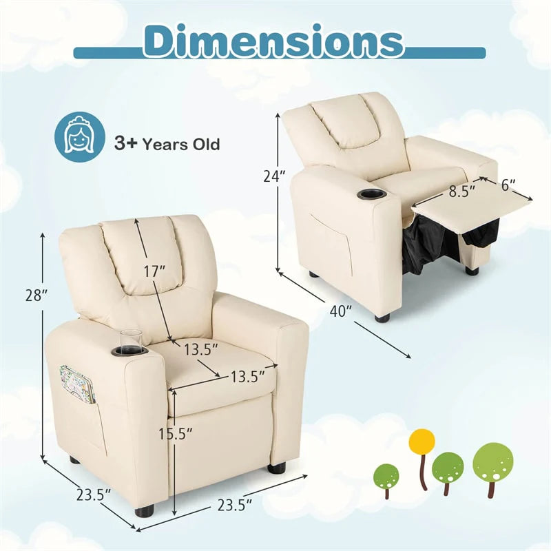 Kids Recliner Chair with Cup Holder & Side Pocket. Adjustable Toddler Lounge Sofa. Ergonomic Children Armchairs for Boys Girls Age 3+. 150lbs