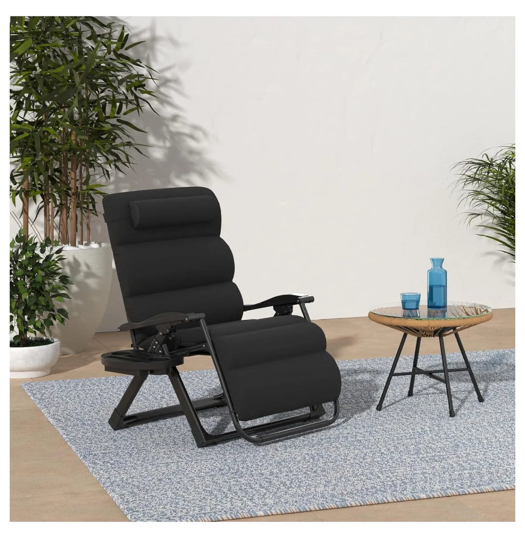Oversized Chair. Folding Outdoor Patio Recliner. XL Anti Gravity Lounger W/Removable Cushion. Cup Holder. Side Tray. 350 lb Capacity - Taupe