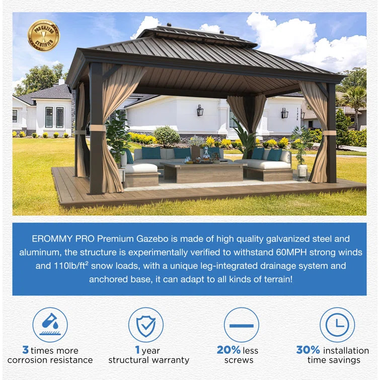 20 Ft. W x 12 Ft. D Hardtop Patio Gazebo. Outdoor Hardtop Gazebo with Double Roof
