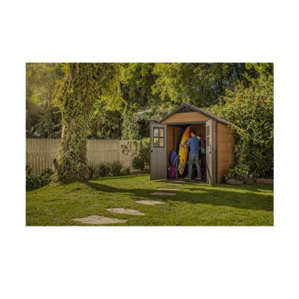 7.5×7 Large Resin Outdoor Storage Shed Kit – Perfect to Store Patio Furniture. Garden Tools. Bike Accessories. and Lawn Mower. Mahogany Brown