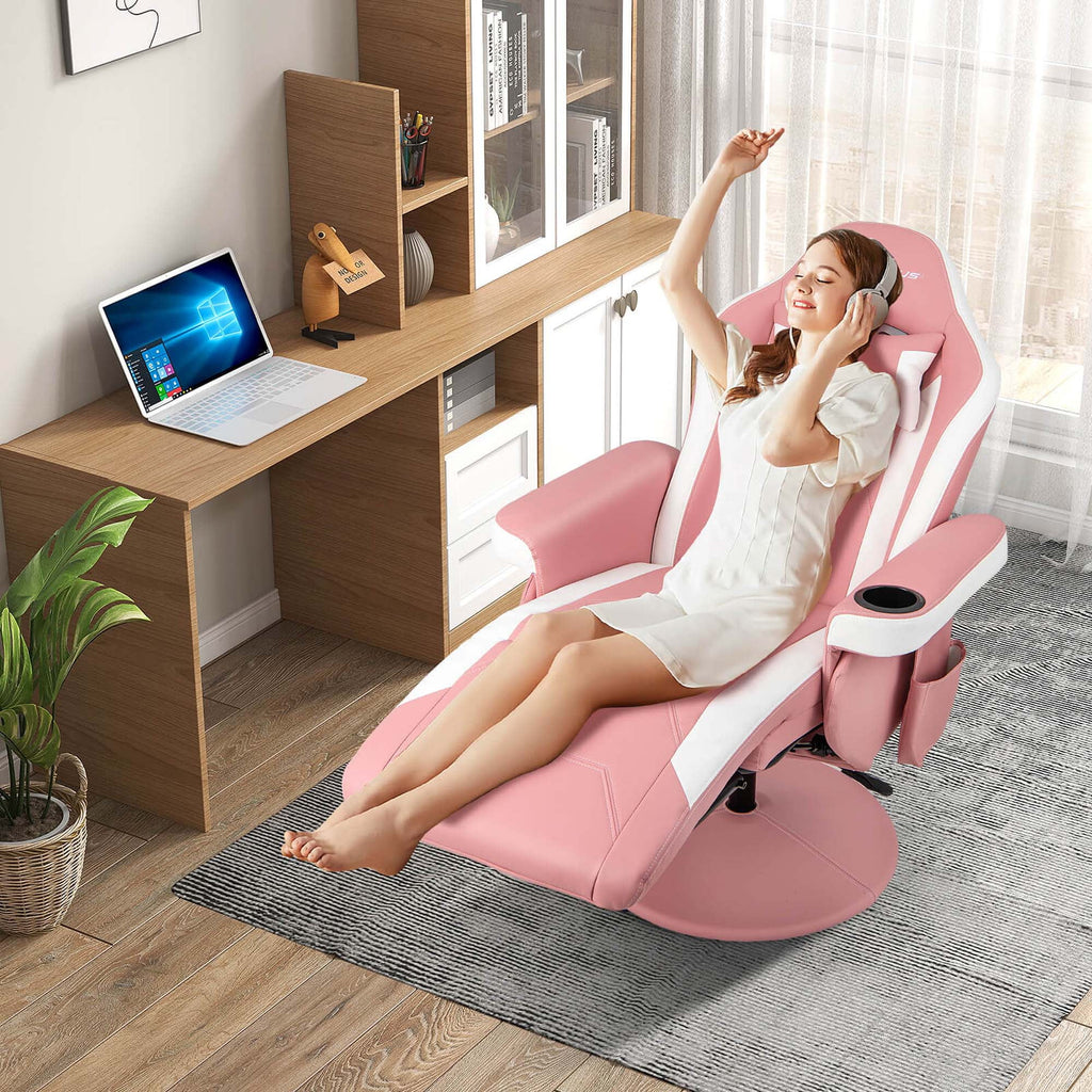 Goplus Massage Gaming Recliner Height Adjustable Racing Swivel Chair with Cup Holder Red
