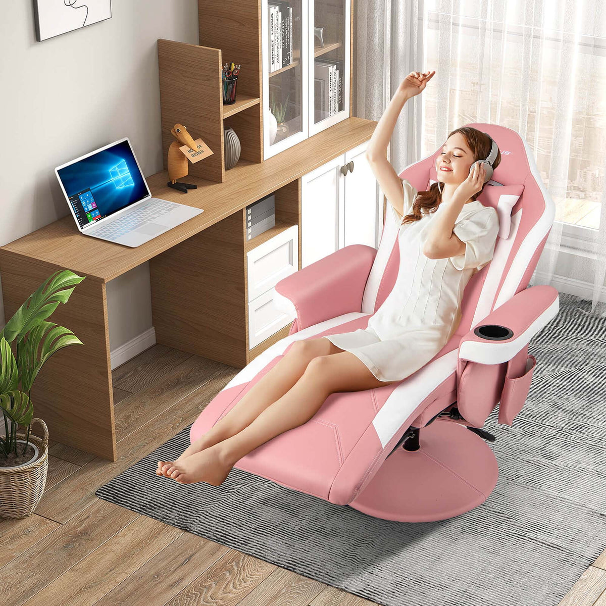 Goplus Massage Gaming Recliner Height Adjustable Racing Swivel Chair with Cup Holder Red
