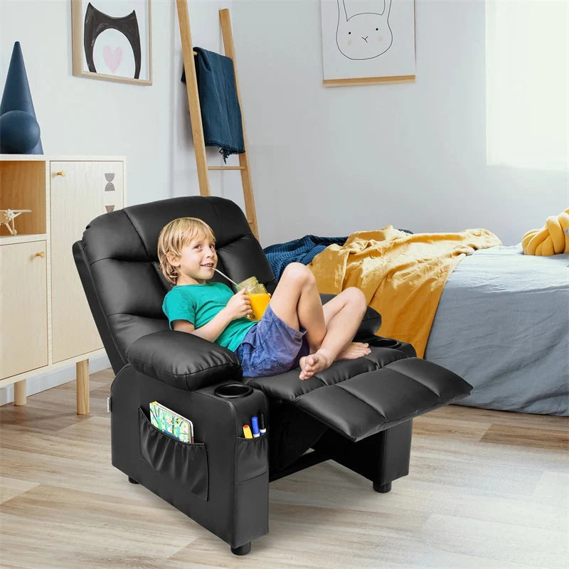 Kids Recliner Chair PU Leather Adjustable Lounge Sofa with Cup Holder. 3 Pockets & Retractable Footrest. Ergonomic Toddler Furniture Sofa