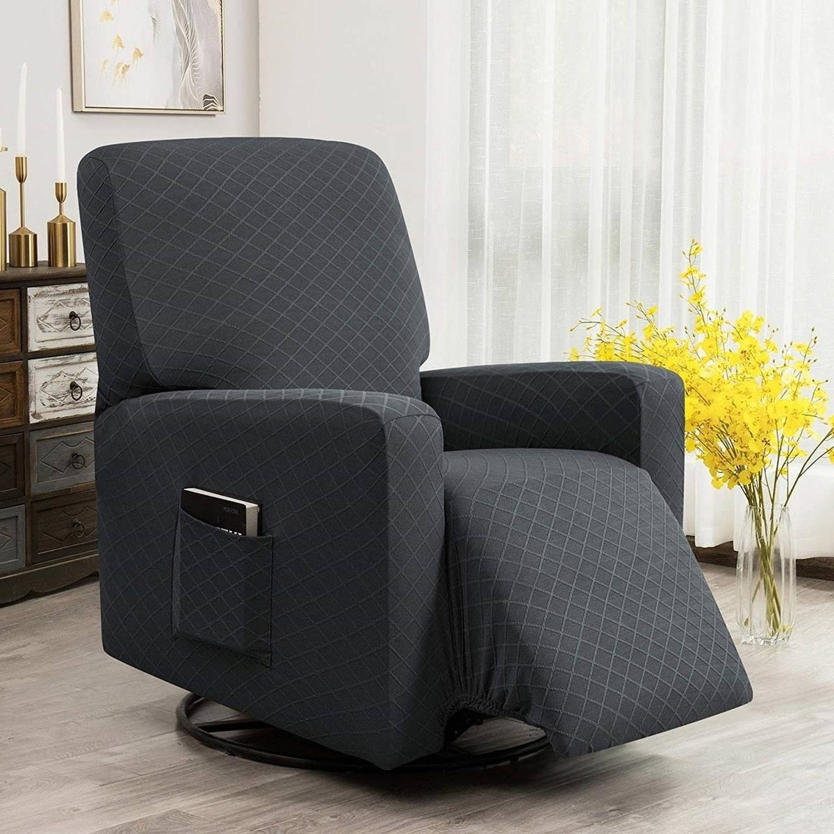 Enova Home Ultra Soft Rhombus Stretch Fabric Recliner Slipcover with Elastic Bottom Side Pocket - Grey