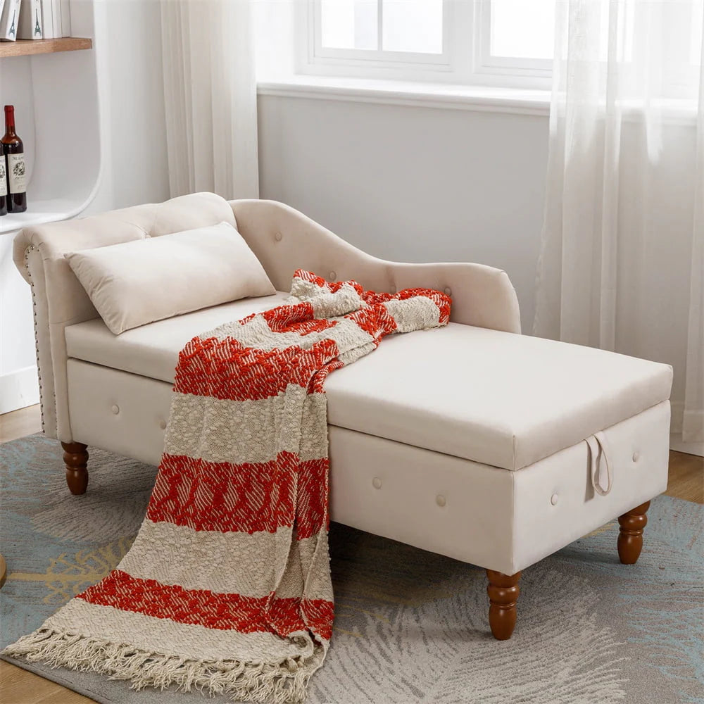 Storage Chaise Lounge. Upholstered Rolled Arm Chase Lounge with Nailhead Trim. Recliner Lounge Chair for Living Room Bedroom