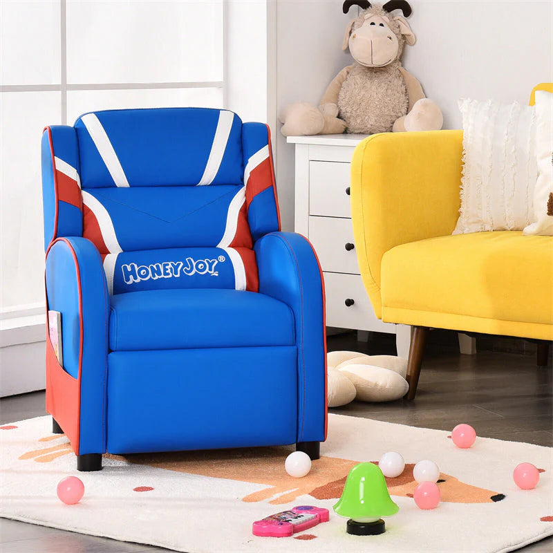 Kids Recliner Chair. Adjustable PU Leather Gaming Sofa with Footrest. Lumbar Support & Side Pockets. Ergonomic Children Lounge Armchair