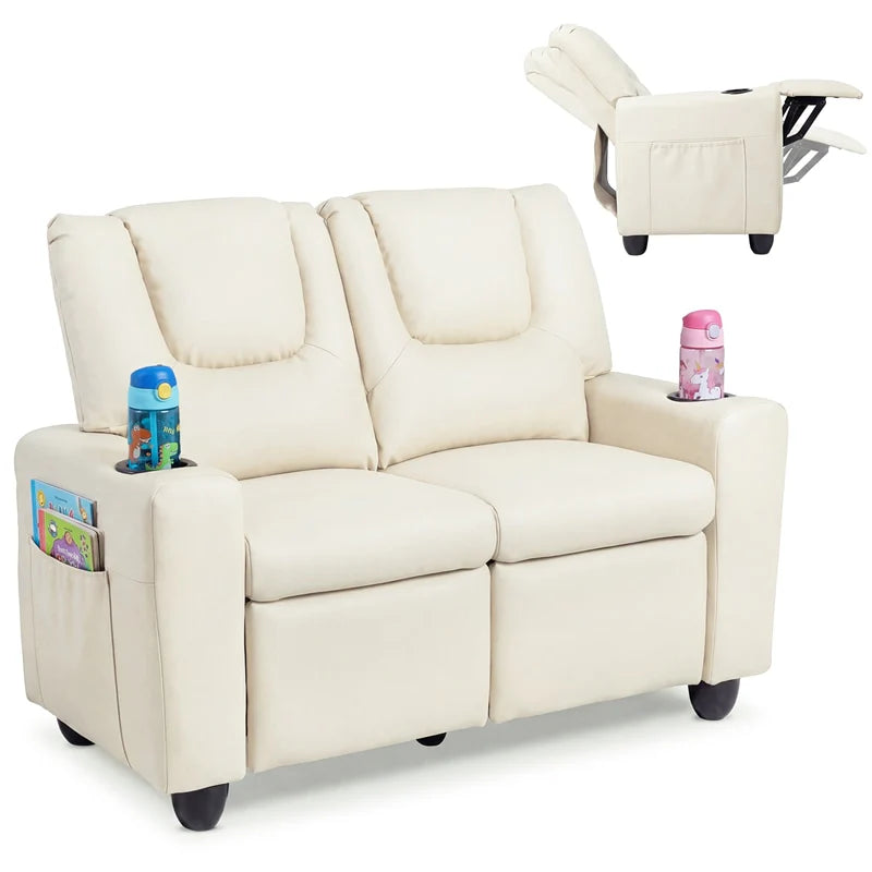2-Seater Kids Recliner. PU Leather Reclining Loveseat with Cup Holders & 2 Side Storage Pockets. Adjustable Double Toddler Sofa for Boys Girls