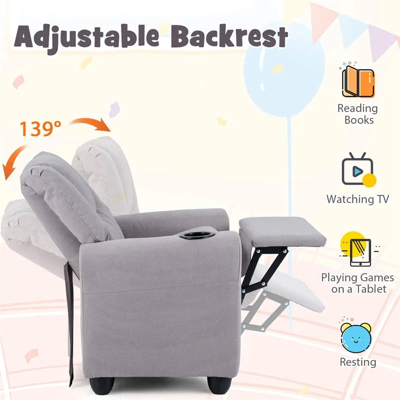 Kids Recliner Chair with Cup Holder & Side Pocket. Adjustable Toddler Lounge Sofa. Ergonomic Children Armchairs for Boys Girls Age 3+. 150lbs