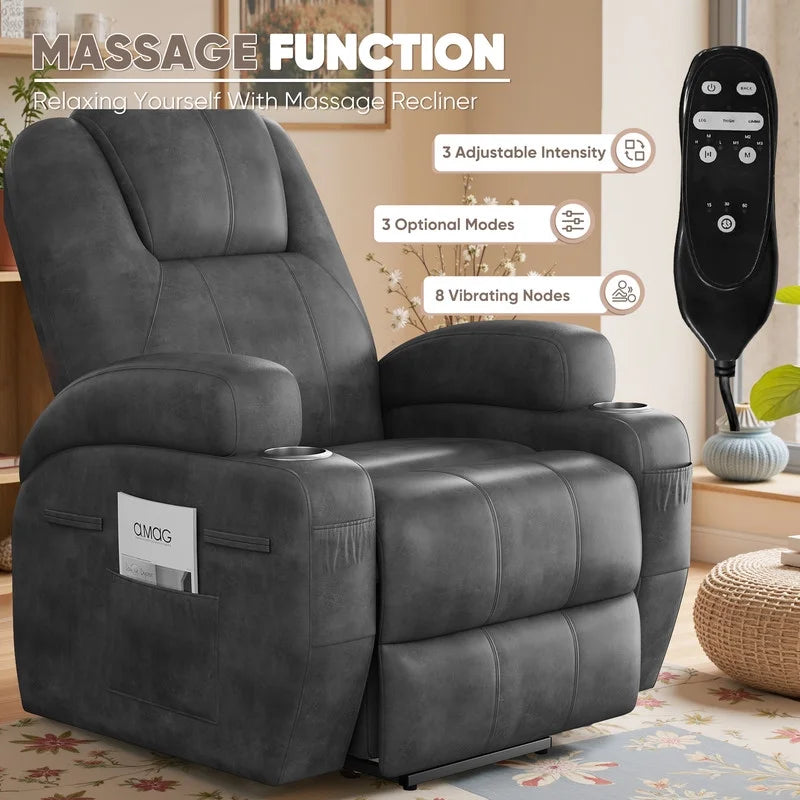Lacoo Power Lift Electric Massage Recliner Chair Oversized Single Sofa with Cup Holder for Elderly. Black