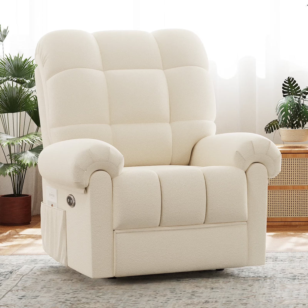 Power Recliner Chair. Electric Recline Sofa Chair for Adults with USB Port. Comfy Teddy Fleece Adjustable Cloud Sofa. Tool - Free Setup. Beige White