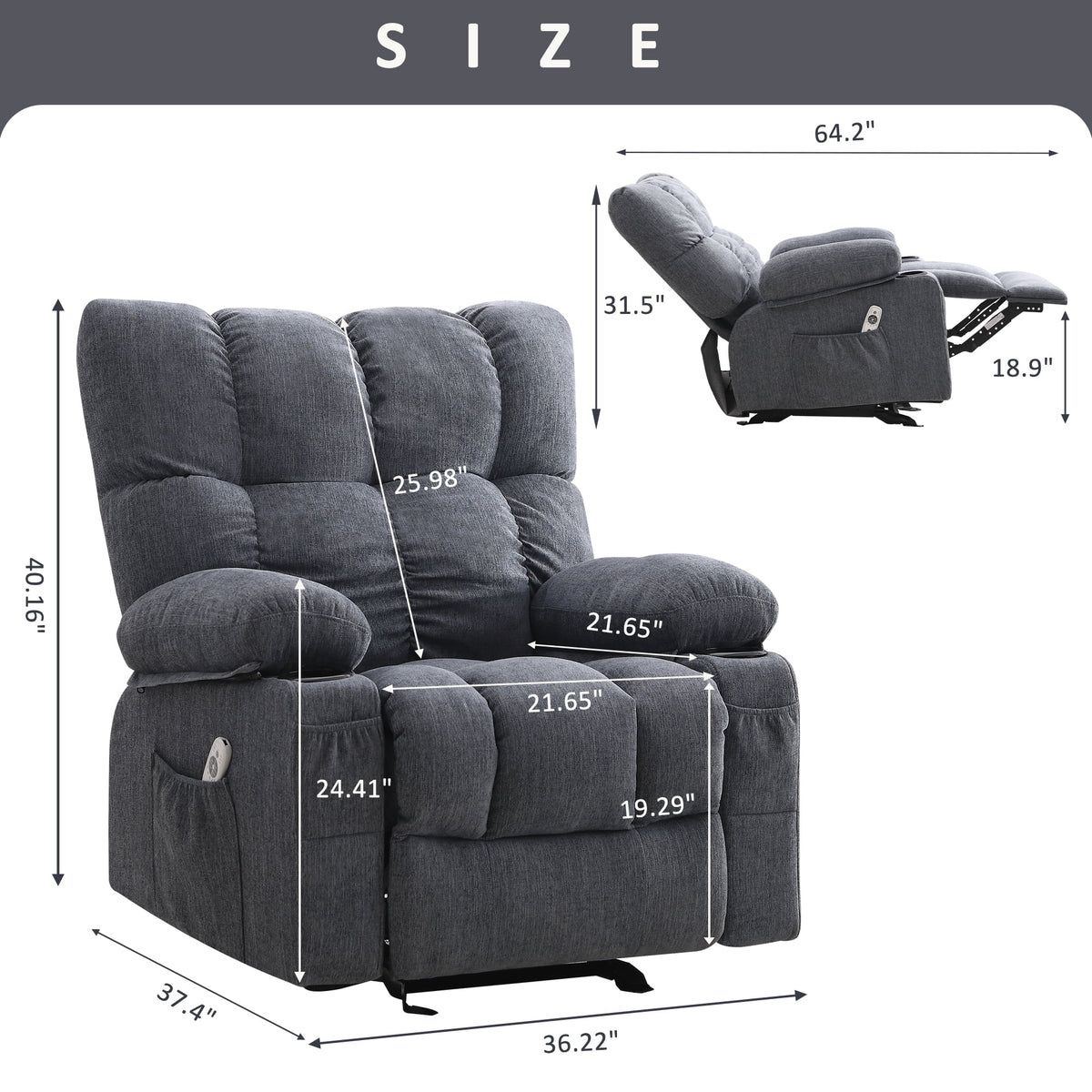 JONPONY Manual Recliner Chair with Heat Therapy and Massage Function. Heavy Duty Reclining Mechanism Massage Chair. Elderly Single Rocker Sofa with Cup Holders for Bedroom Home Theater. Grey