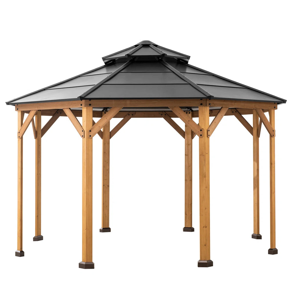 Sunjoy 13 x 13 ft. Cedar Framed Octagon Wood Gazebo with Double Tiered Steel Hardtop Roof and Ceiling Hook for Garden. Backyard Shade
