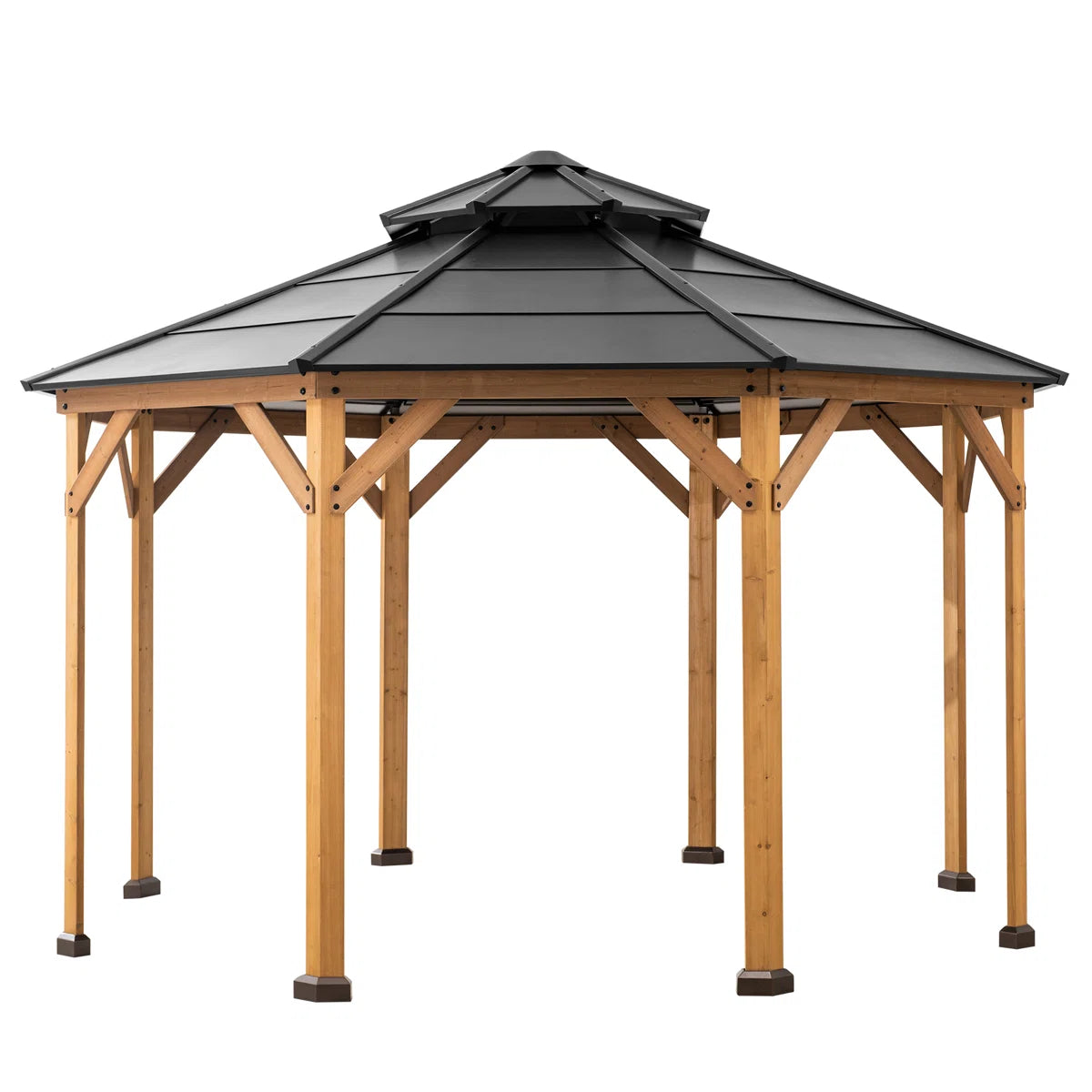 Sunjoy 13 x 13 ft. Cedar Framed Octagon Wood Gazebo with Double Tiered Steel Hardtop Roof and Ceiling Hook for Garden. Backyard Shade