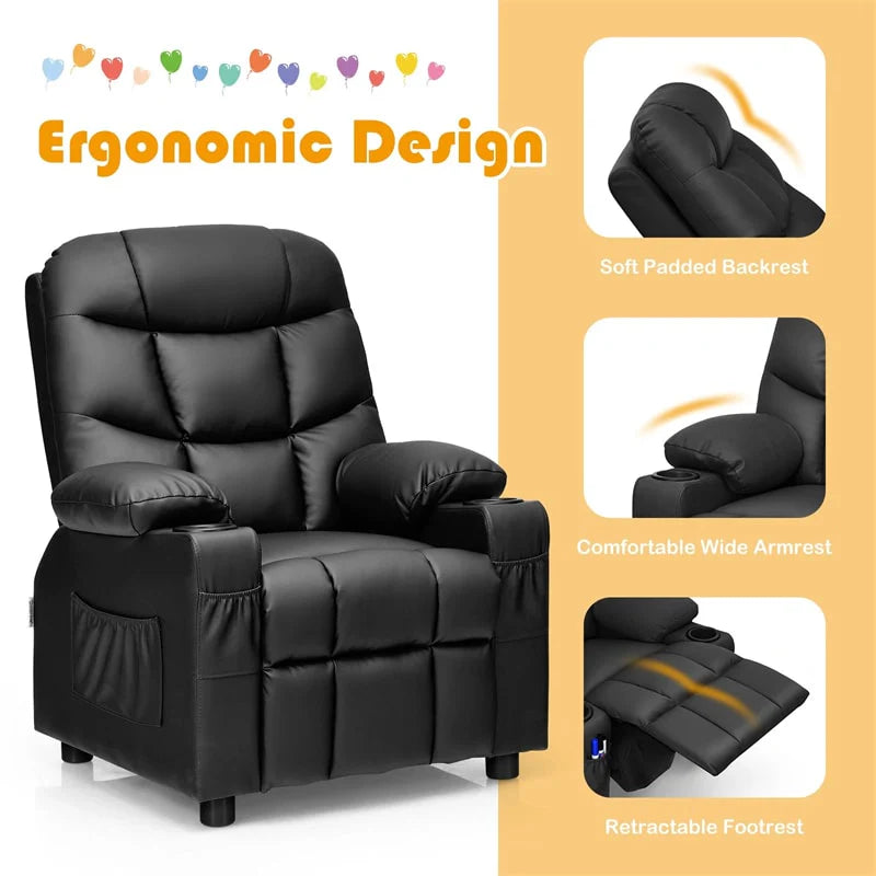 Kids Recliner Chair PU Leather Adjustable Lounge Sofa with Cup Holder. 3 Pockets & Retractable Footrest. Ergonomic Toddler Furniture Sofa