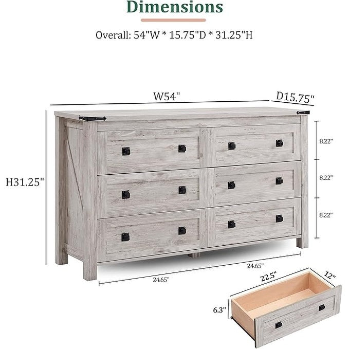 Farmhouse 6 Drawer Dresser. Wood TV Stand. Chest of Drawers