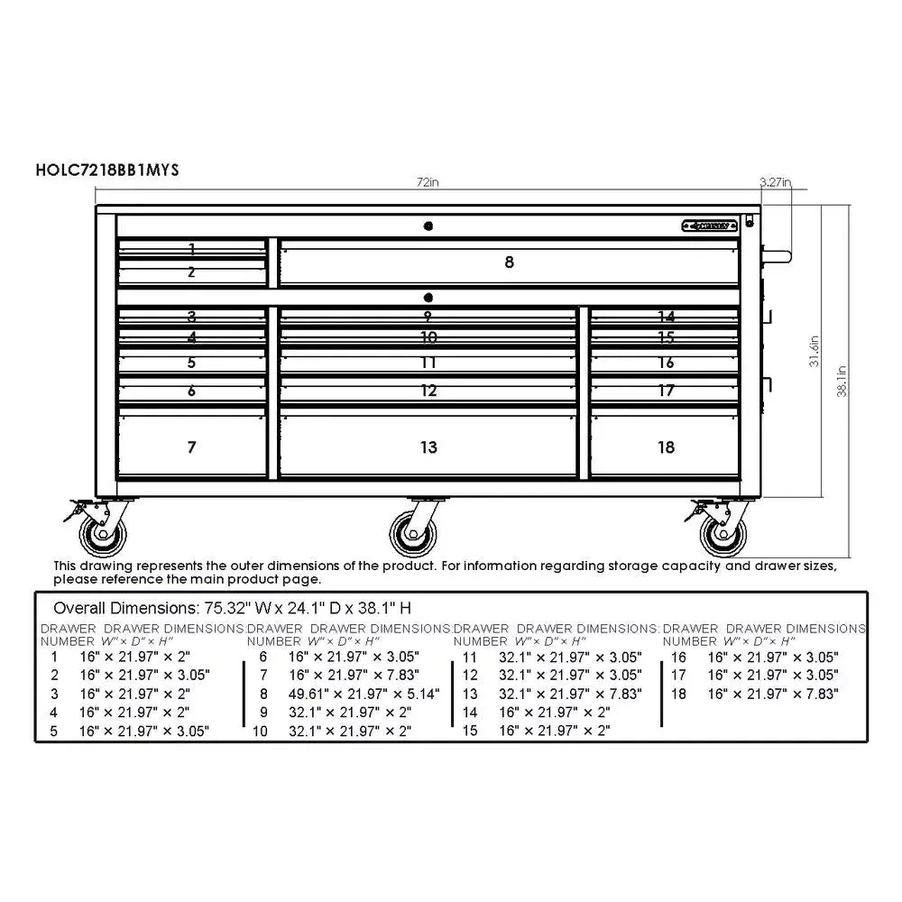 HEAVY-DUTY 72 IN. W 18-DRAWER. DEEP TOOL CHEST MOBILE WORKBENCH IN MATTE BLACK WITH ADJUSTABLE-HEIGHT HARDWOOD TOP