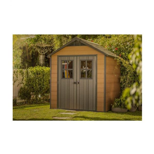 7.5×7 Large Resin Outdoor Storage Shed Kit – Perfect to Store Patio Furniture. Garden Tools. Bike Accessories. and Lawn Mower. Mahogany Brown