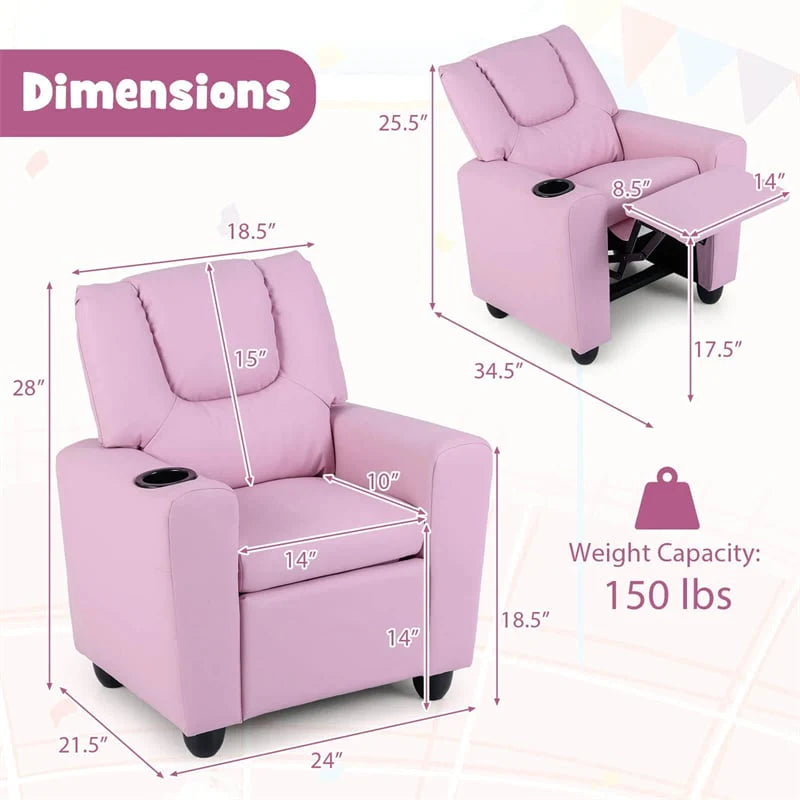 Kids Recliner Chair with Cup Holder & Side Pocket. Adjustable Toddler Lounge Sofa. Ergonomic Children Armchairs for Boys Girls Age 3+. 150lbs