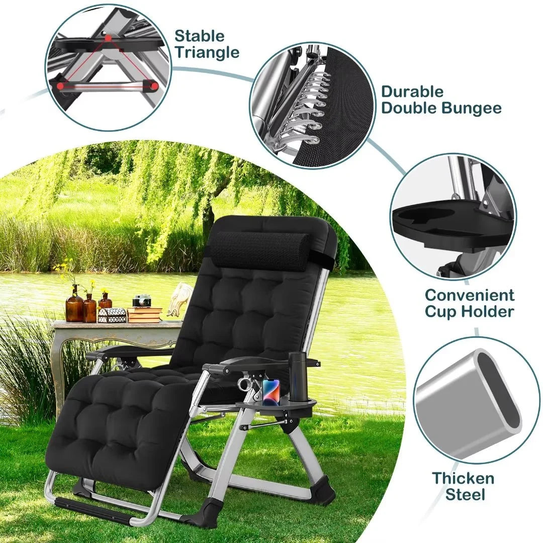 NAIZEA 2 Pack Zero Gravity Chair. Foldable Portable Lawn Recliner with Cushion. Headrest. Cup Holder. Black
