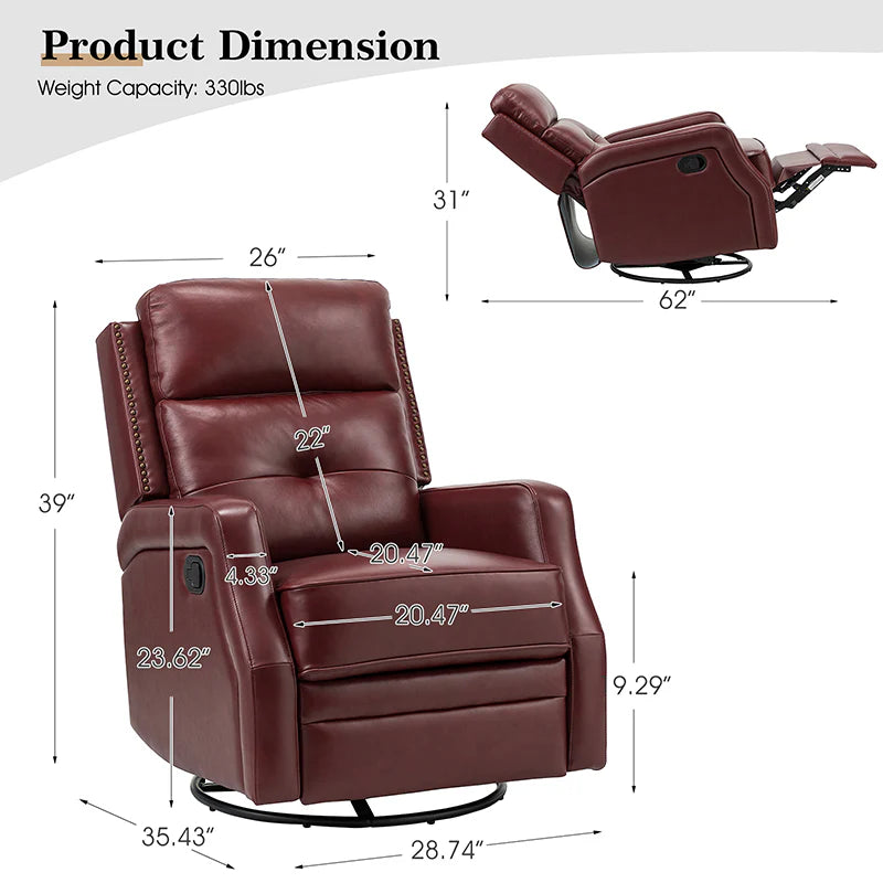 Benito 28.74 Wide Genuine Leather Swivel Rocker Recliner