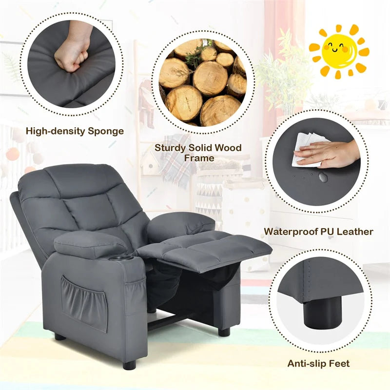 Kids Recliner Chair PU Leather Adjustable Lounge Sofa with Cup Holder. 3 Pockets & Retractable Footrest. Ergonomic Toddler Furniture Sofa