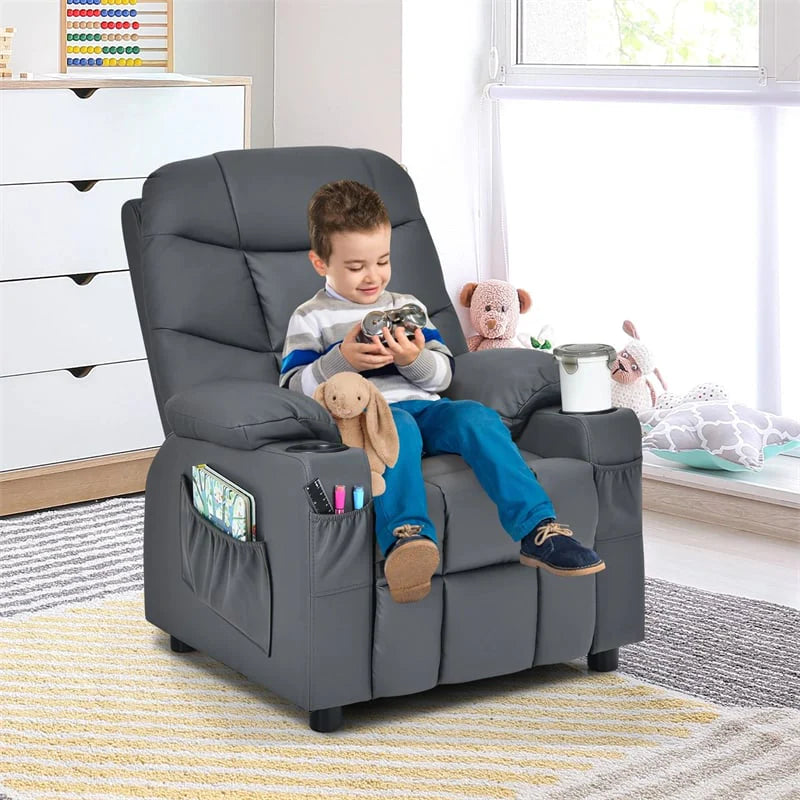 Kids Recliner Chair PU Leather Adjustable Lounge Sofa with Cup Holder. 3 Pockets & Retractable Footrest. Ergonomic Toddler Furniture Sofa