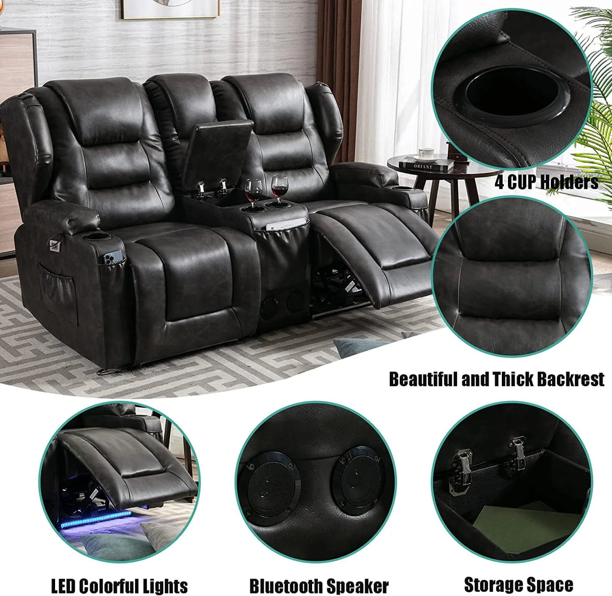 IPKIG Electric Home Theater Seating - Power Recline Chair Loveseat RV Sofa with Console. 67 Double Recliner 2 - Seater RV Couch with Storage/USB Charging/Lighting/Cup Holders for Living Room