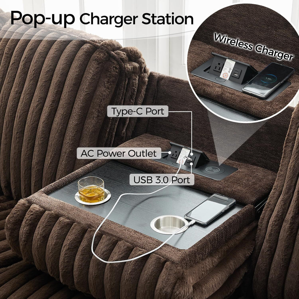 Power Reclining Sectional Sofa with Wireless Charger. 6 - Seater Faux Fur Sectional with Recliners. Hidden Cup Holders. Storage Console. USB & Type - C Ports. Black