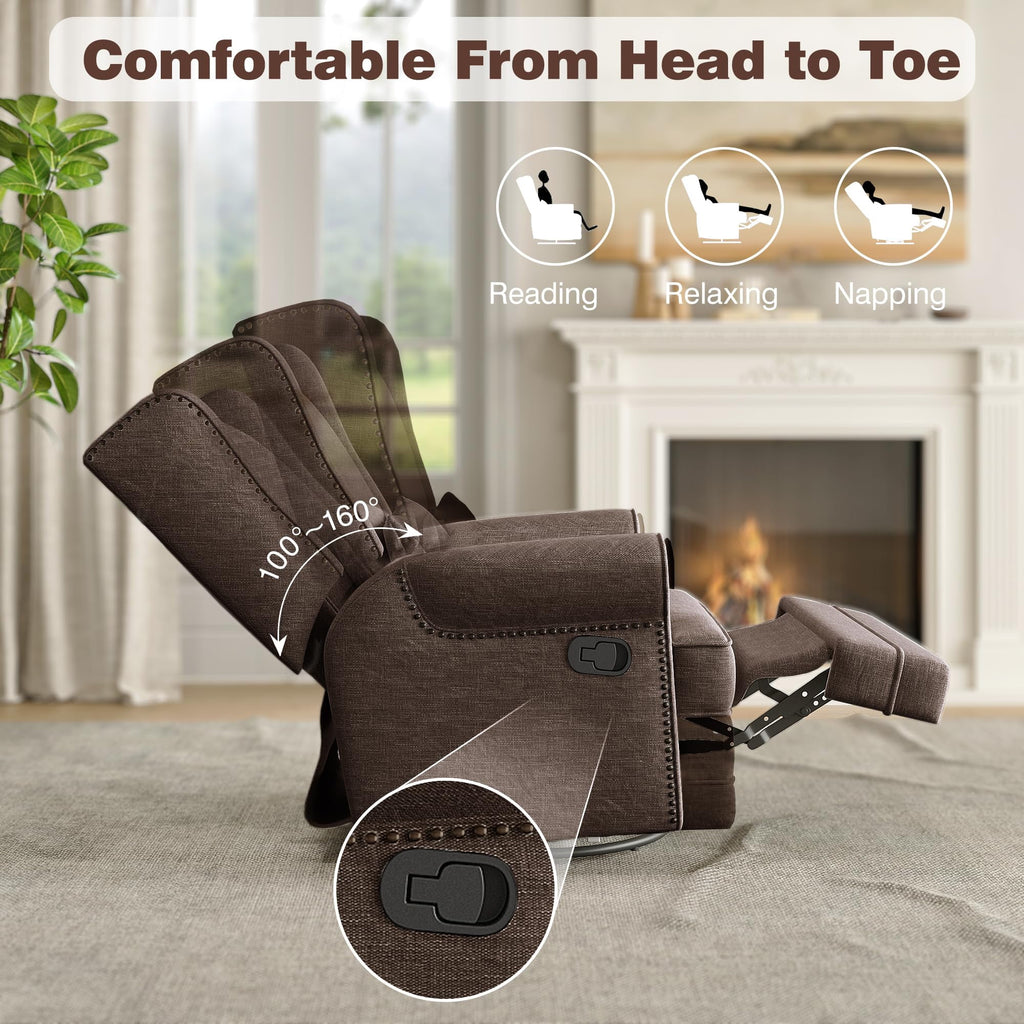 Royalcraft Swivel Nursery Glider Recliner. Comfy Upholstered Glider Chair with Lumbar Pillow and Footrest. Beige