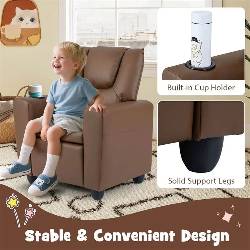 Kids Recliner Chair with Cup Holder & Side Pocket. Adjustable Toddler Lounge Sofa. Ergonomic Children Armchairs for Boys Girls Age 3+. 150lbs