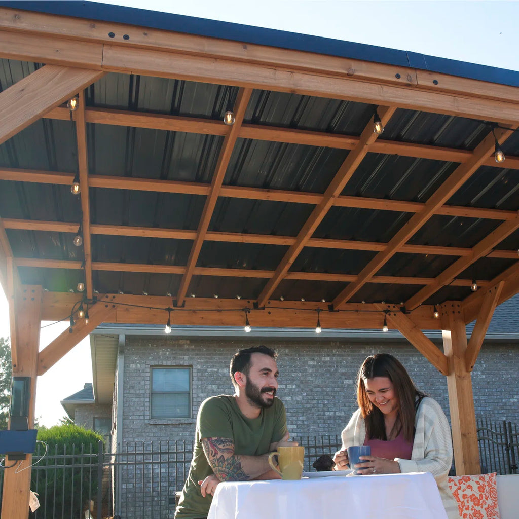Backyard Discovery Arcadia 14' x 12' Cedar Wood Outdoor Patio Gazebo with Hardtop Galvanized Steel Slope Roof and PowerPort