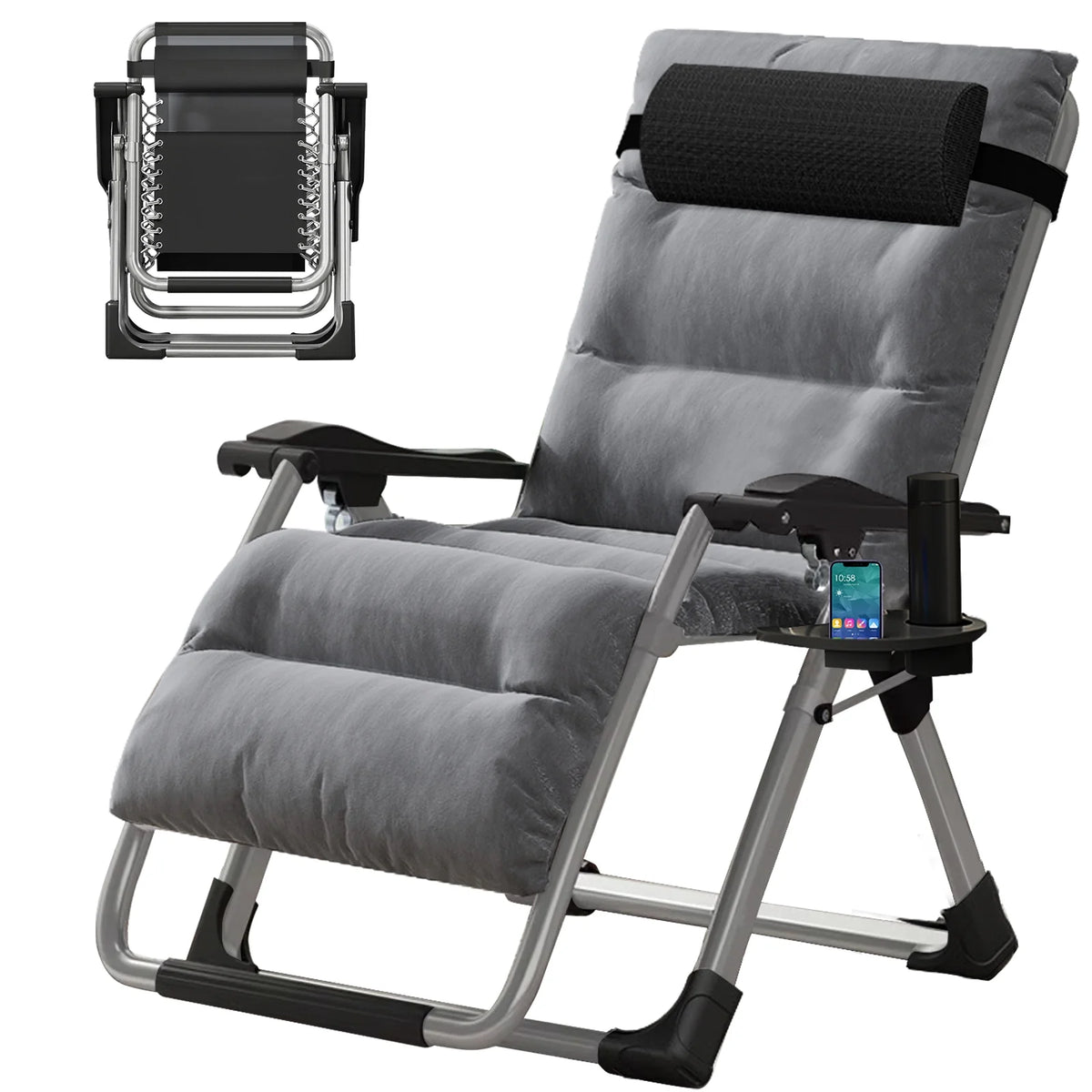 NAIZEA Outdoor Zero Gravity Chair Camping Recliner Lawn Recliner. Reclining Patio Lounger Chair. Folding Portable Chaise with Detachable Soft Cushion. Cup Holder. Headrest