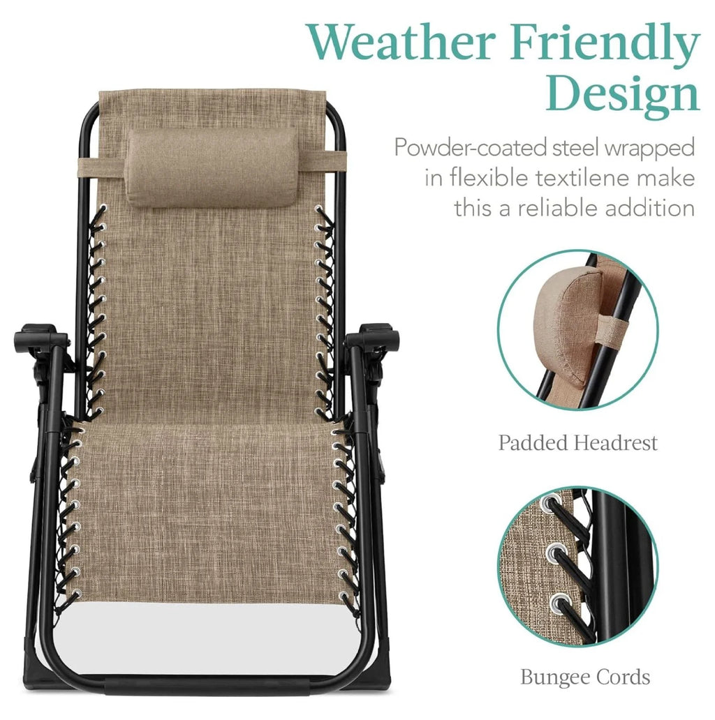Oversized Chair. Folding Outdoor Patio Recliner. XL Anti Gravity Lounger W/Removable Cushion. Cup Holder. Side Tray. 350 lb Capacity - Taupe