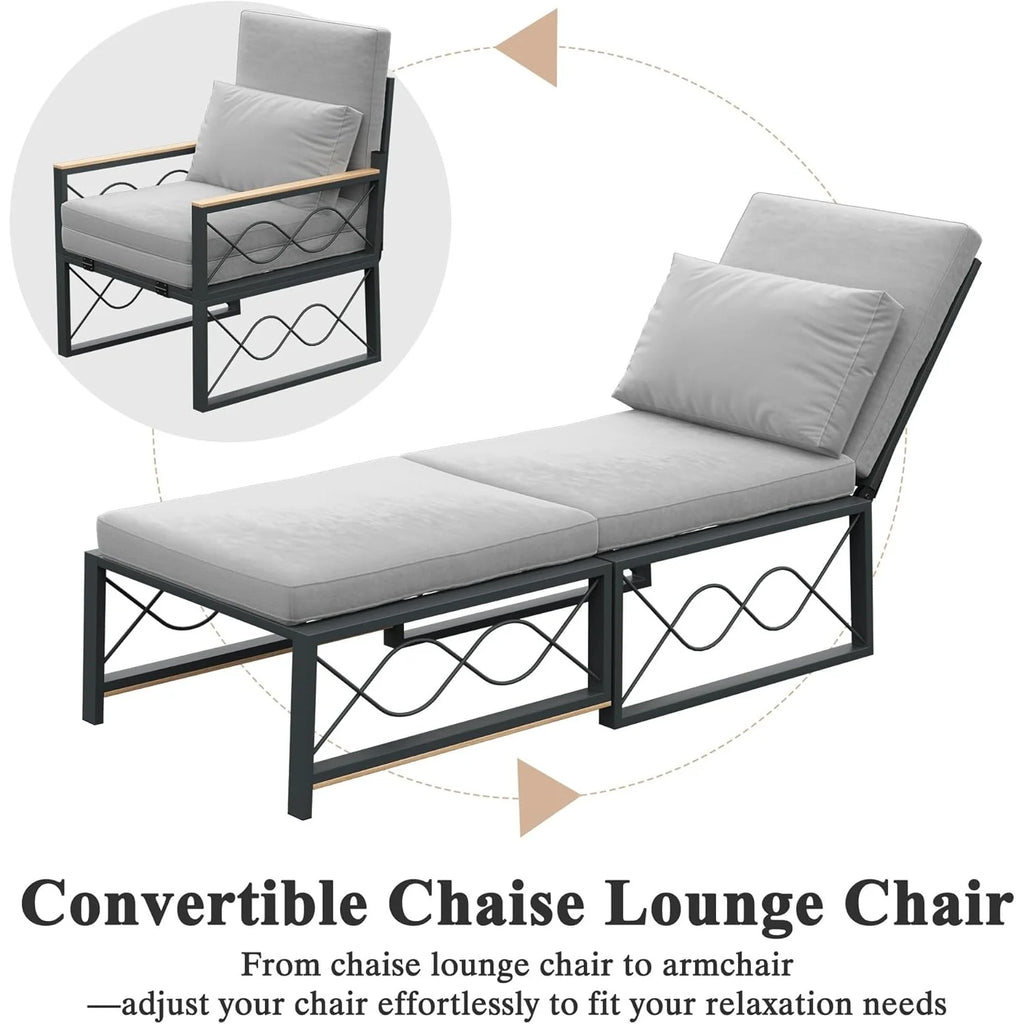 AECOJOY Outdoor Metal Chaise Lounge Chair. Convertible Patio Armchair with Cushions. Adjustable 5-Position Recliner