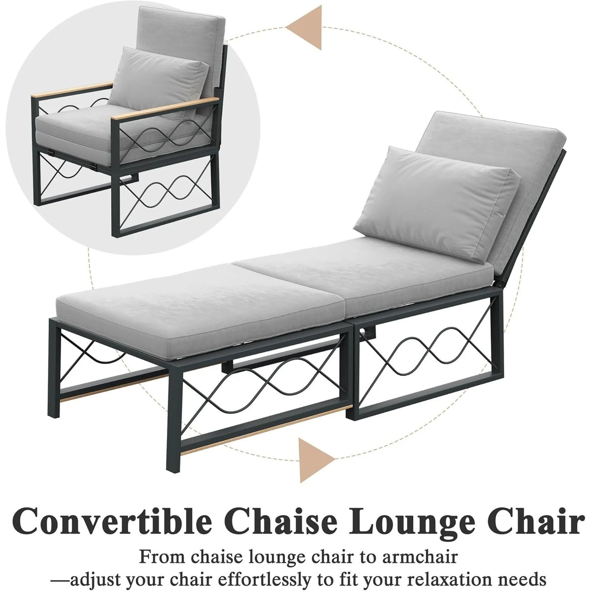AECOJOY Outdoor Metal Chaise Lounge Chair. Convertible Patio Armchair with Cushions. Adjustable 5-Position Recliner