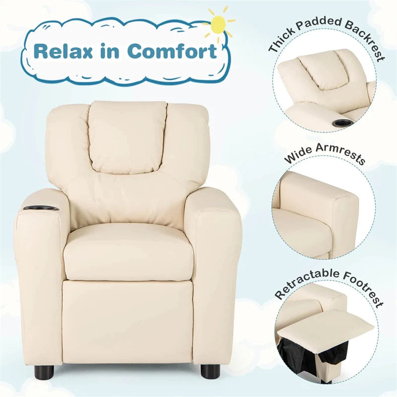 Kids Recliner Chair with Cup Holder & Side Pocket. Adjustable Toddler Lounge Sofa. Ergonomic Children Armchairs for Boys Girls Age 3+. 150lbs